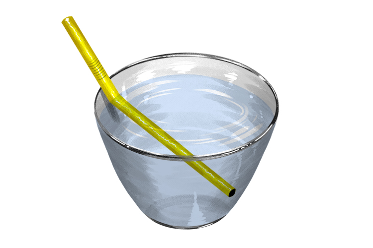 A straw in a glass of water shows refraction in action as the straw appears to bend at the water surface.